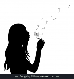 woman blowing dandelion seeds icon flat dynamic silhouette sketch