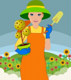 woman icon gardening work colorful drawing