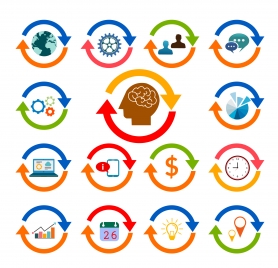 working brain vector illustration with circle icons