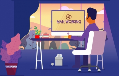 working drawing man computer workplace icons colored cartoon