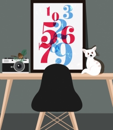 workplace corner drawing numbers decoration cat camera icons