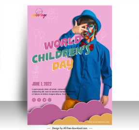 world childrens day poster templates joyful boy sketch clouds sun balloon decor realisitc design