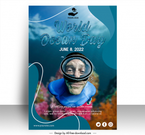 world ocean day poster template diver ocean sketch realistic design