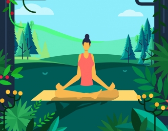 yoga background relaxed woman nature scene cartoon design