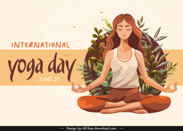 yoga international day banner template exercising lady cartoon